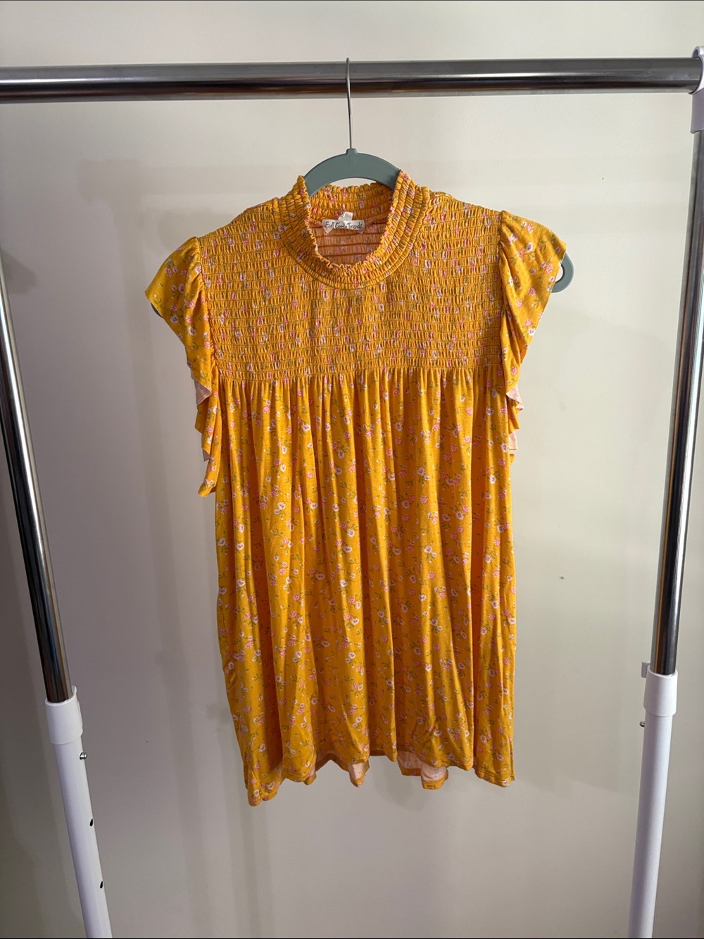 Smocked Flutter Sleeve Tunic Top - Mustard Floral
